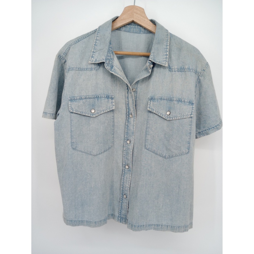 Jane and Delancey Denim Shirt Women Large Blue Short Sleeve Button Down